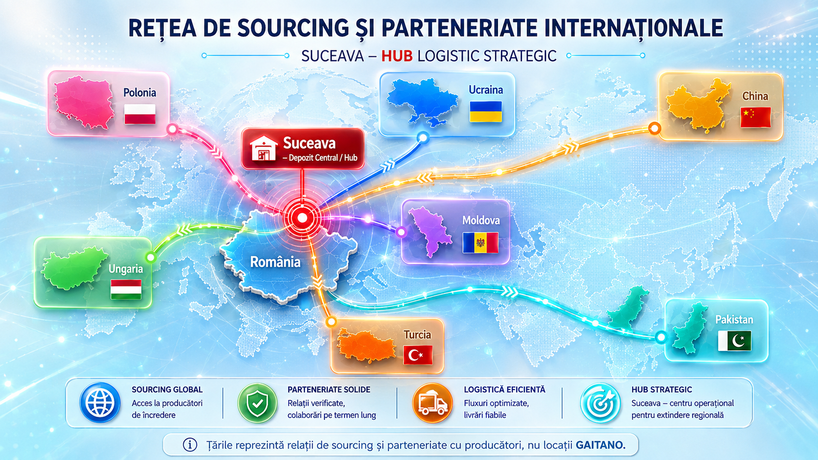 Rețeaua GAITANO de sourcing și parteneriate internaționale, cu hubul logistic Suceava conectat la Polonia, Ungaria, Ucraina, Moldova, Turcia, China și Pakistan.