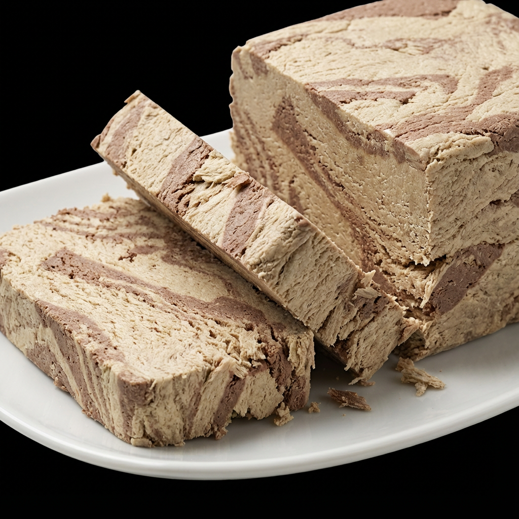 Halva FLORES marmorată cu cacao, feliată pe platou