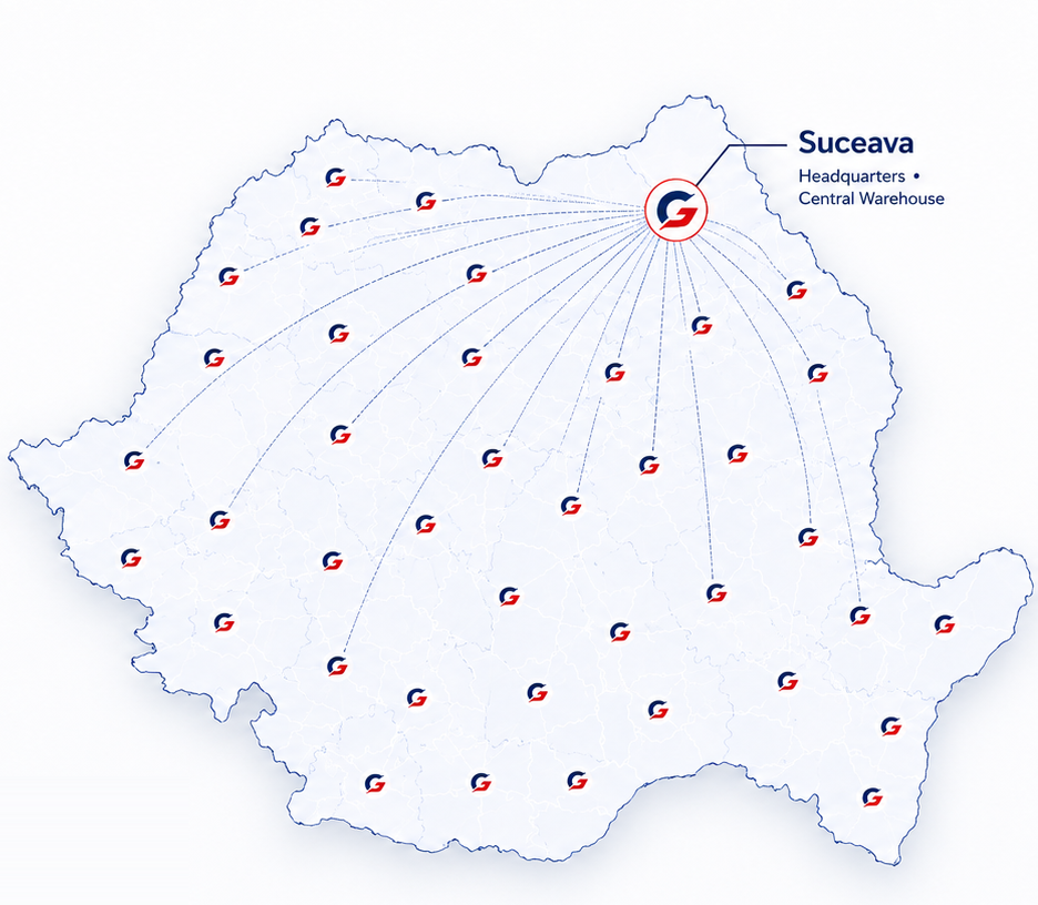 Harta acoperirii naționale GAITANO — sediu și depozit central în Suceava, parteneri în toată România