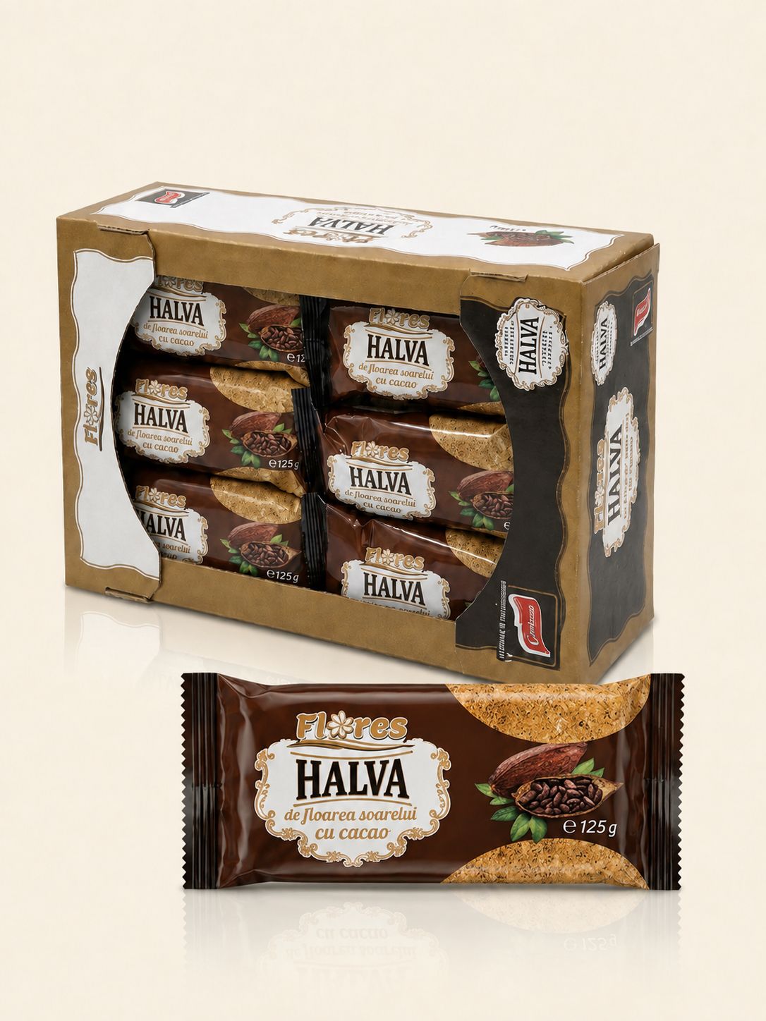 Halva FLORES cu cacao — cutie display și ambalaj individual