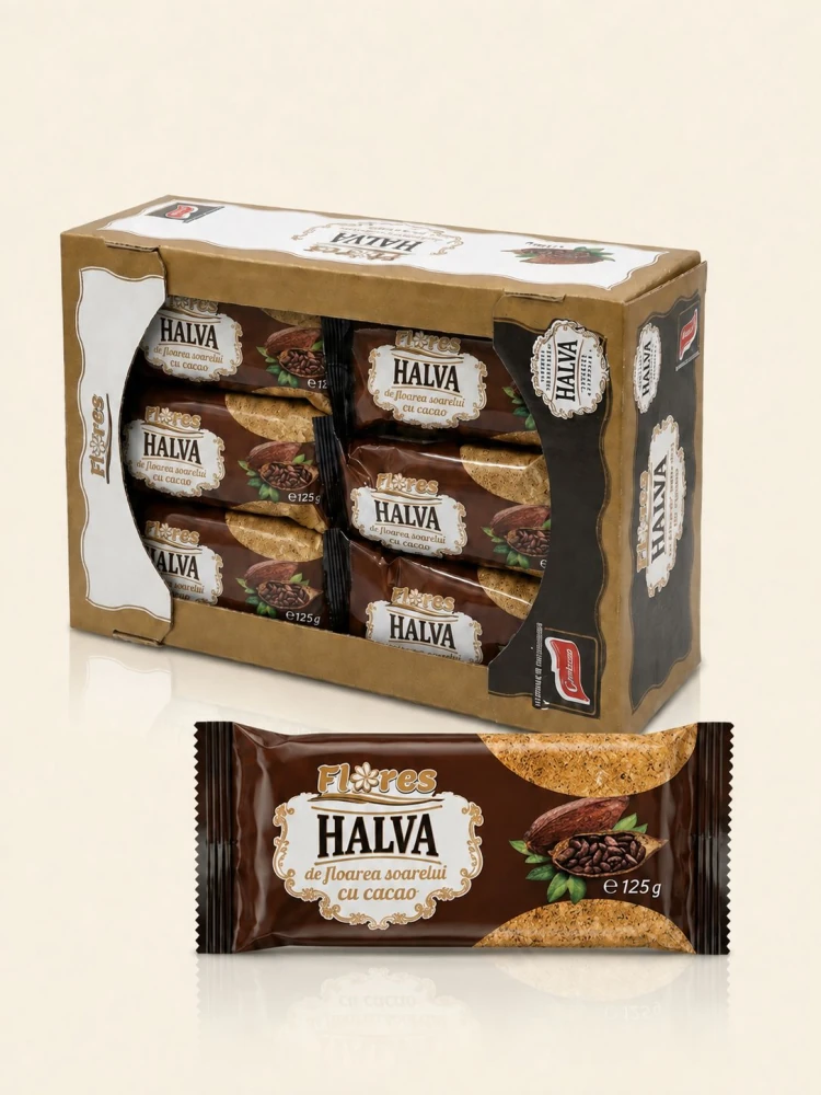 Halva FLORES cu cacao — cutie display și ambalaj individual